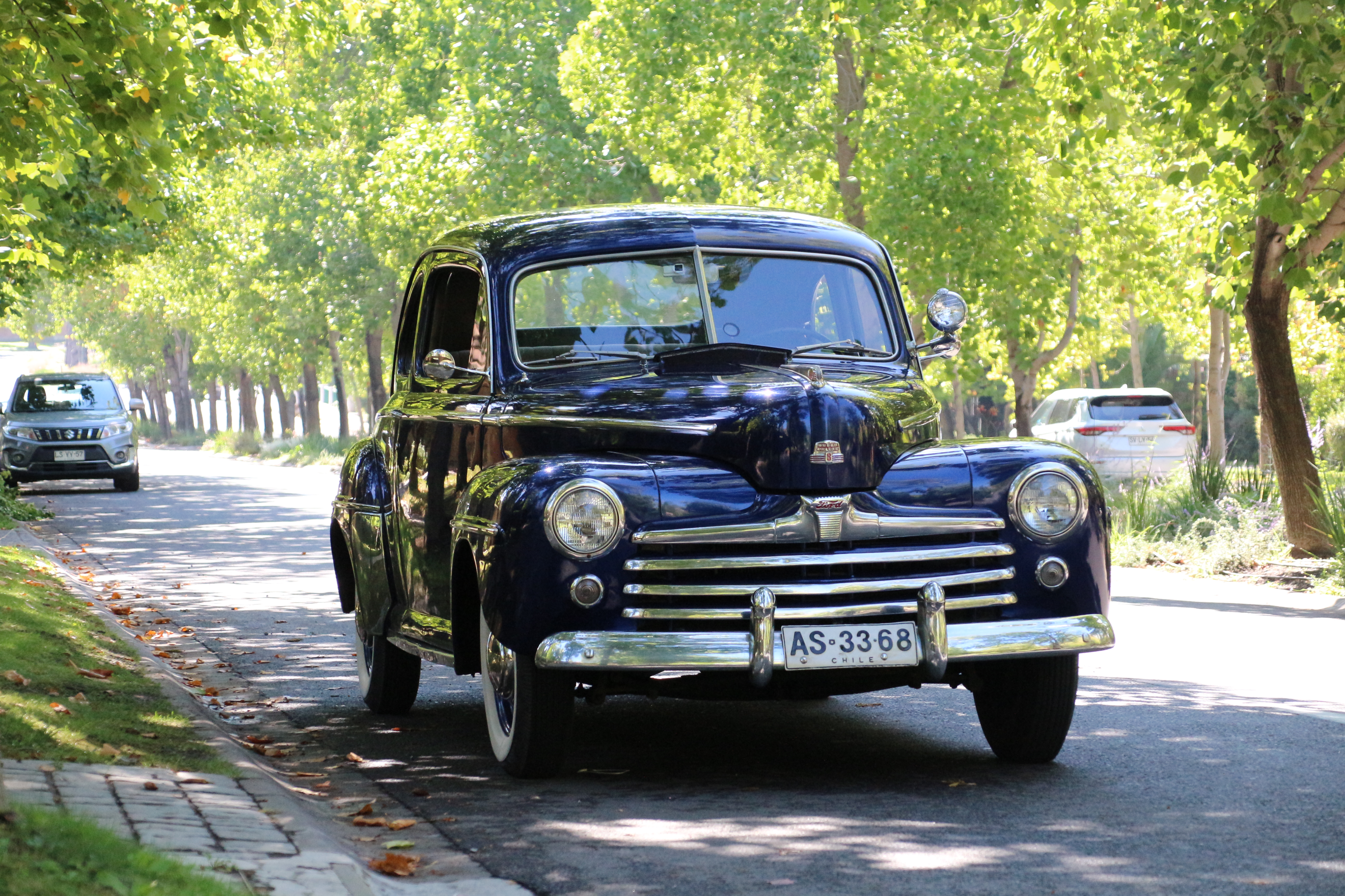 Ford Super Deluxe 1947 en toma frontal sobre avenida arbolada